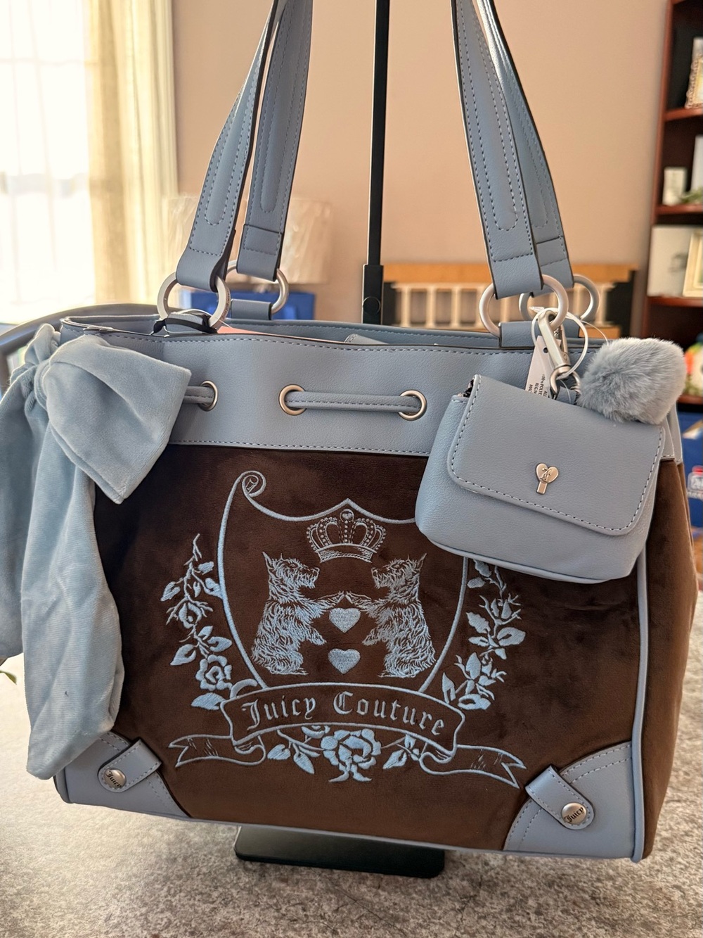Juicy Couture Blue & Brown Crest Tote with Pouch and Bow